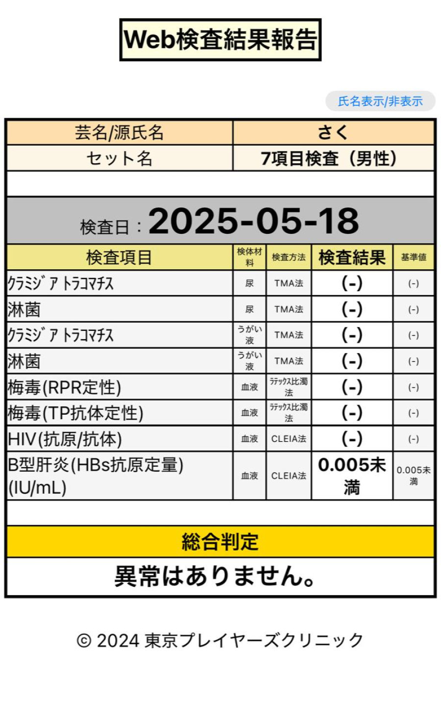 さくの性病検査証明書